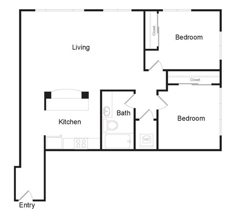 A floor plan of a home with a living room, kitchen, bathroom, and two bedrooms.